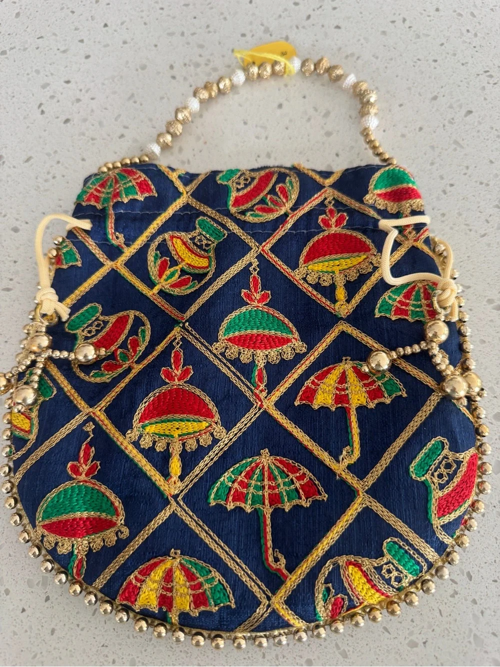 Embroidered Navy Potli Bag with Multicolor Umbrella Motifs - NWT